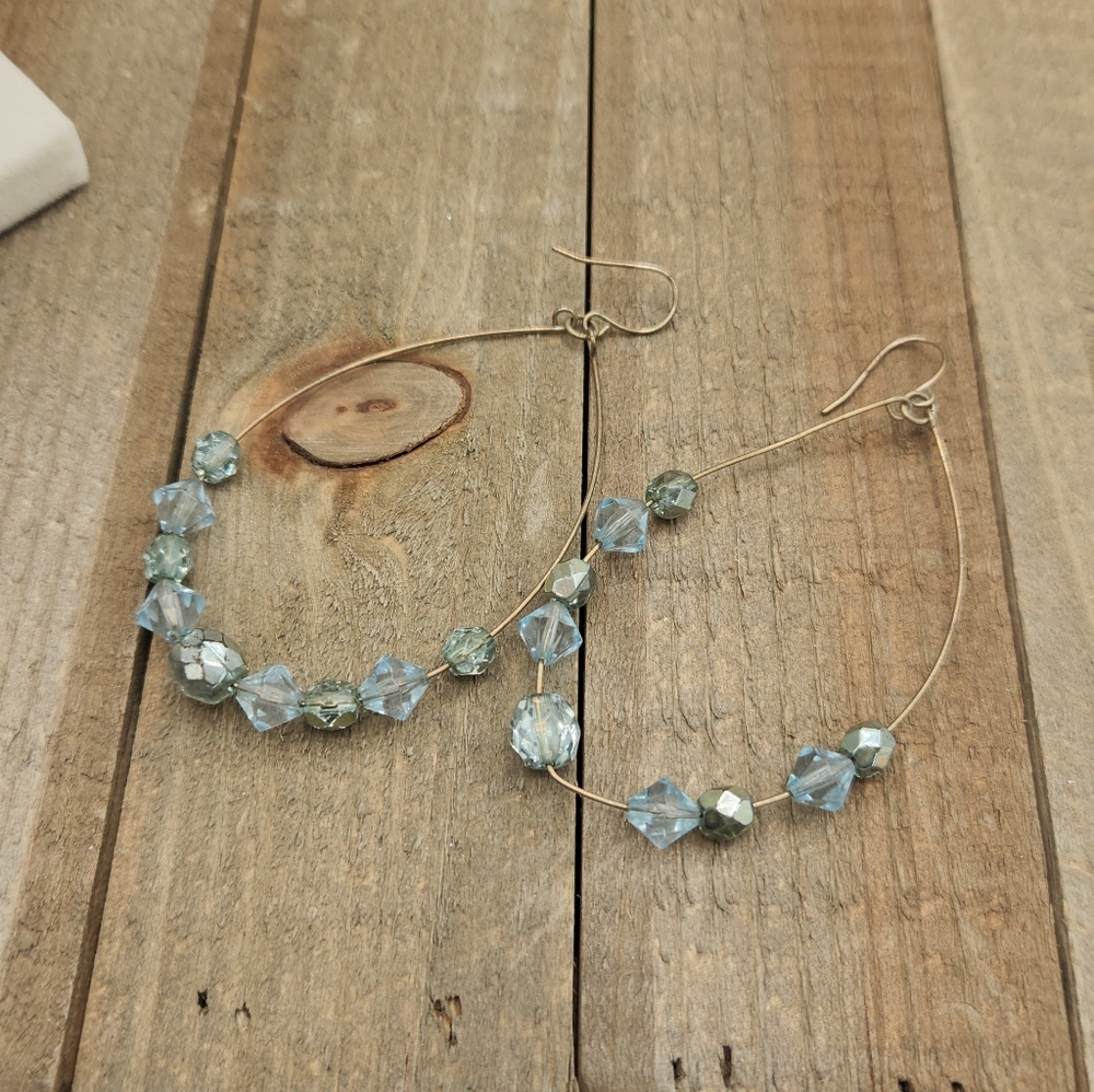 Green Beaded Hangar Earrings • Teal & Gray